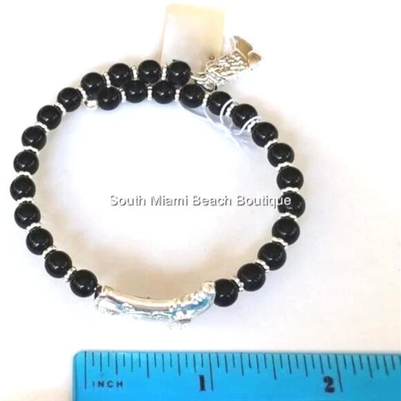 Country Western Cowboy Boot Charm Bracelet Silver Plated Black Cowgirl Stretch - Picture 8 of 9